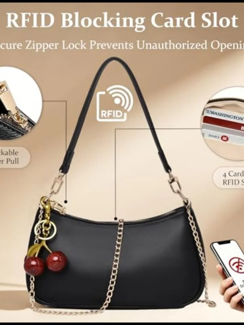 PU Leather Hobo Shoulder Bag Crossbody Clutch with RFID Wallet & Cherry Keychain